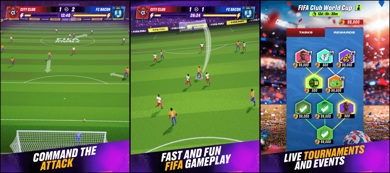 Геймплей FIFA Rivals: живой футбольный экшен, быстрые матчи, награды и турниры. Игроки управляют своей командой и собирают цифровые награды.