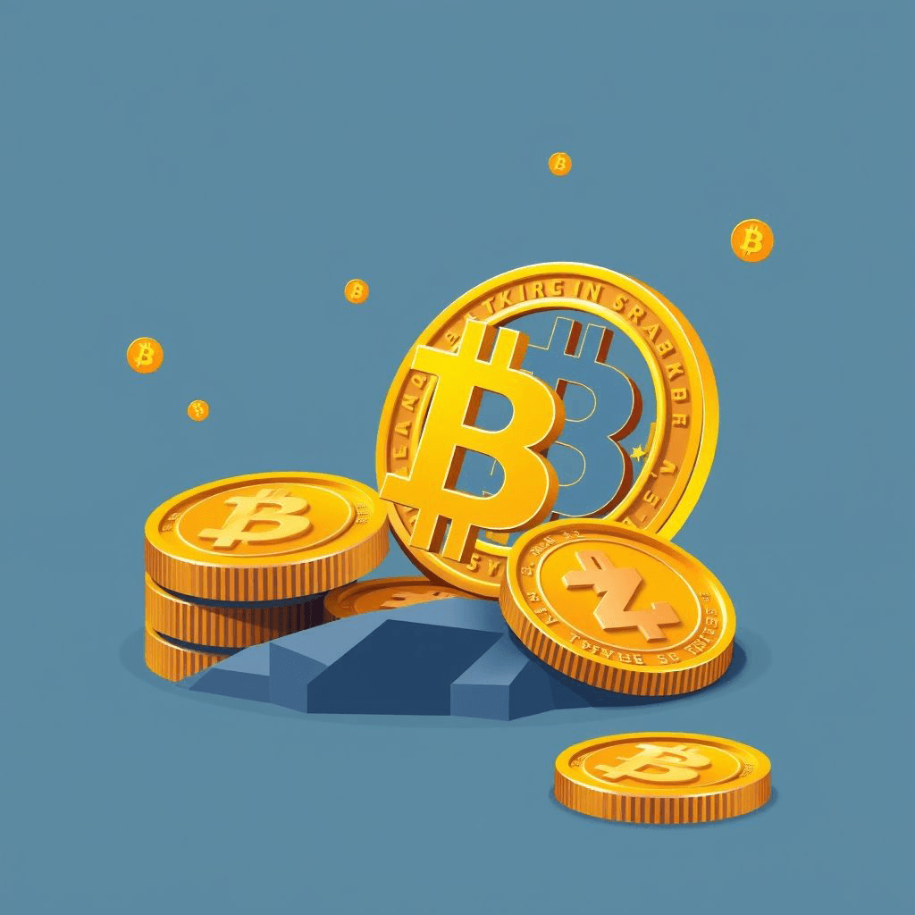 Image of several coins of different sizes with the Bitcoin symbol on a blue background.