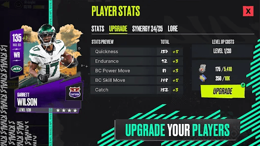 Игровая карточка NFL Rivals с Гарреттом Уилсоном, показывающая статистику игрока, варианты улучшения и прогресс для повышения футбольных навыков в игре.