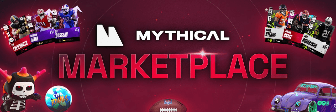 Баннер Mythical Marketplace с NFT-карточками игроков NFL Rivals, FIFA Rivals, внутриигровыми активами и цифровыми коллекционными предметами для Web3-игр.