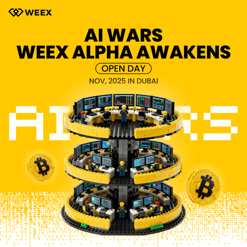 Постер мероприятия 'AI Wars – WEEX Alpha Awakens' с LEGO-биржей, множеством мониторов и символами Биткоина, анонс на ноябрь 2025 года в Дубае.