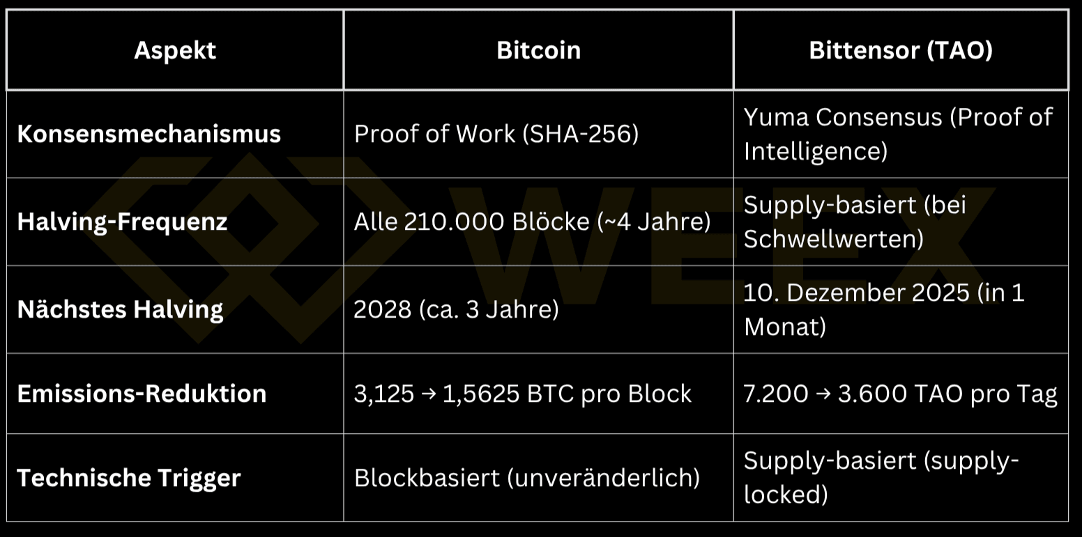 Биткоин халвится на основе блоков каждые ~4 года, Bittensor халвится на основе предложения при достижении порогов. Следующий халвинг TAO: 10 декабря 2025 года. Оба сокращают эмиссию примерно на 50%.