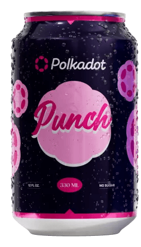 Банка напитка Polkadot Punch розового и темно-синего цвета с каплями воды, современный дизайн и брендинг Polkadot, освежающий напиток 330 мл.