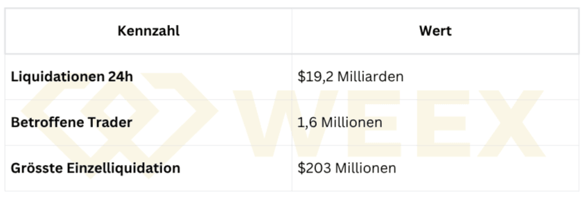 Table with key figures on crypto liquidations: $19.2 billion in 24 hours, 1.6 million affected traders, largest single liquidation $203 million.