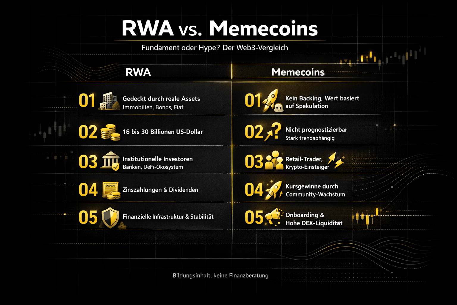 Инфографика: RWA против мемкоинов – сравнение Web3 по 5 пунктам (покрытие реальными активами против спекуляций, размер рынка против зависимости от трендов).