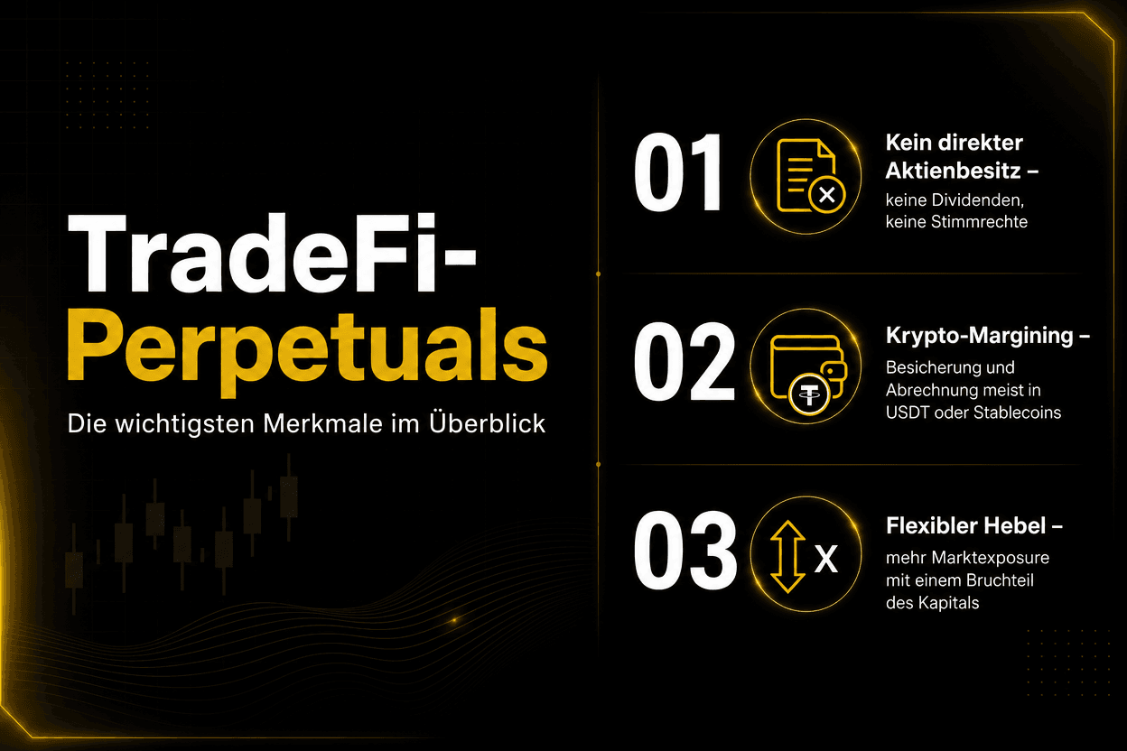 Инфографика: Бессрочные контракты TradFi. Отсутствие прямого владения акциями, маржинальное обеспечение в USDT и гибкое кредитное плечо для большего охвата рынка.