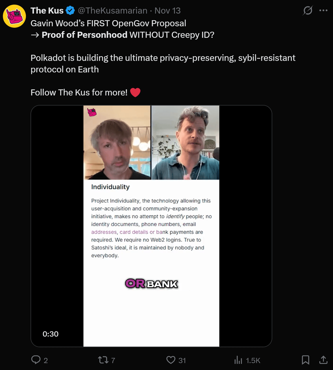 Твит о предложении Гэвина Вуда по 'Proof of Personhood' без ID. Два спикера в видеозвонке, фокус на конфиденциальности и устойчивости к Sybil-атакам в Polkadot.