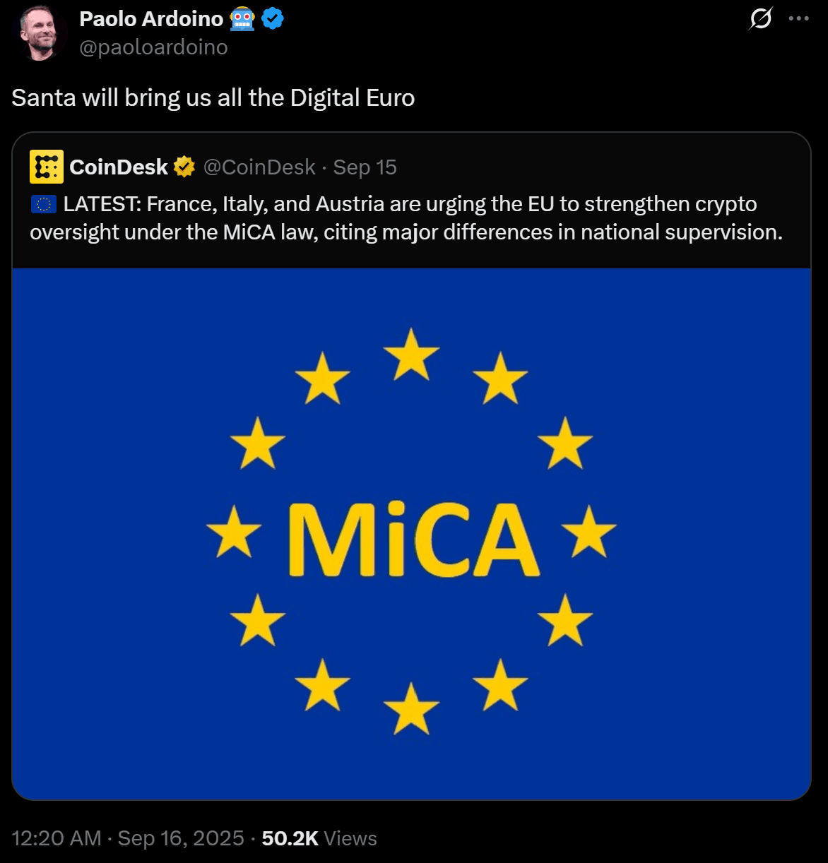 Твит Паоло Ардоино о «цифровом евро» со встроенным постом CoinDesk о более строгом надзоре MiCA; флаг ЕС с желтой надписью «MiCA».