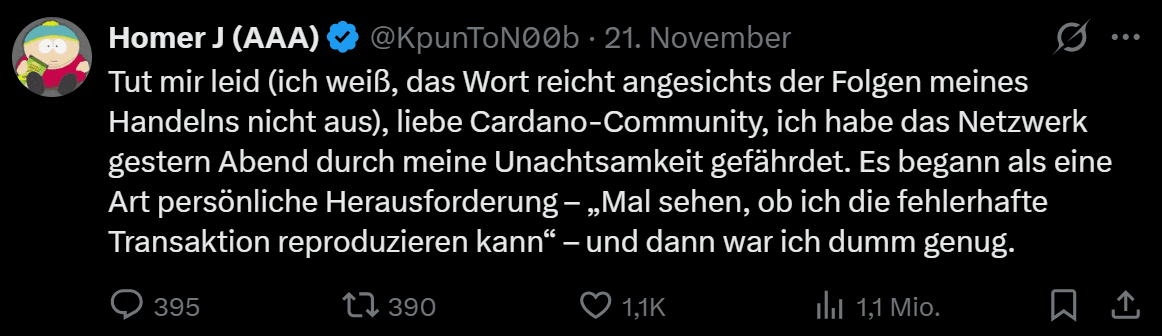 Твит о проблеме в сети Cardano, где пользователь признается в своей неосторожности и публично извиняется перед сообществом Cardano.