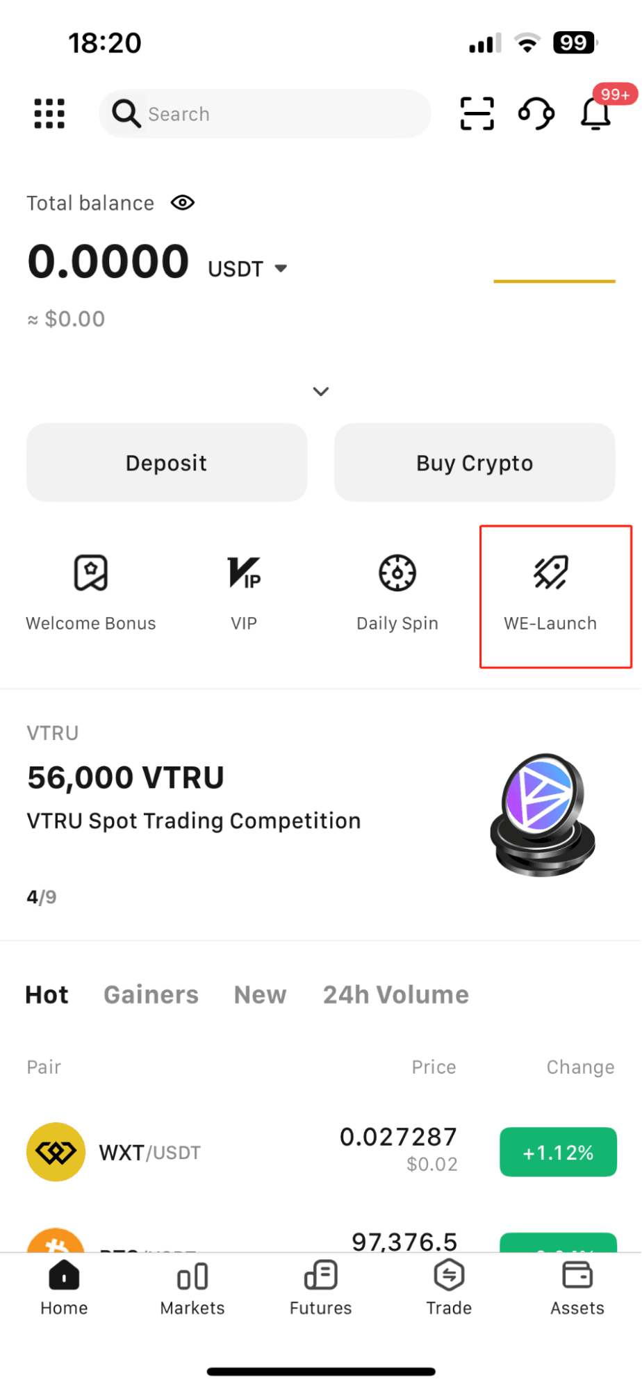 WEEX WE-Launch в приложении