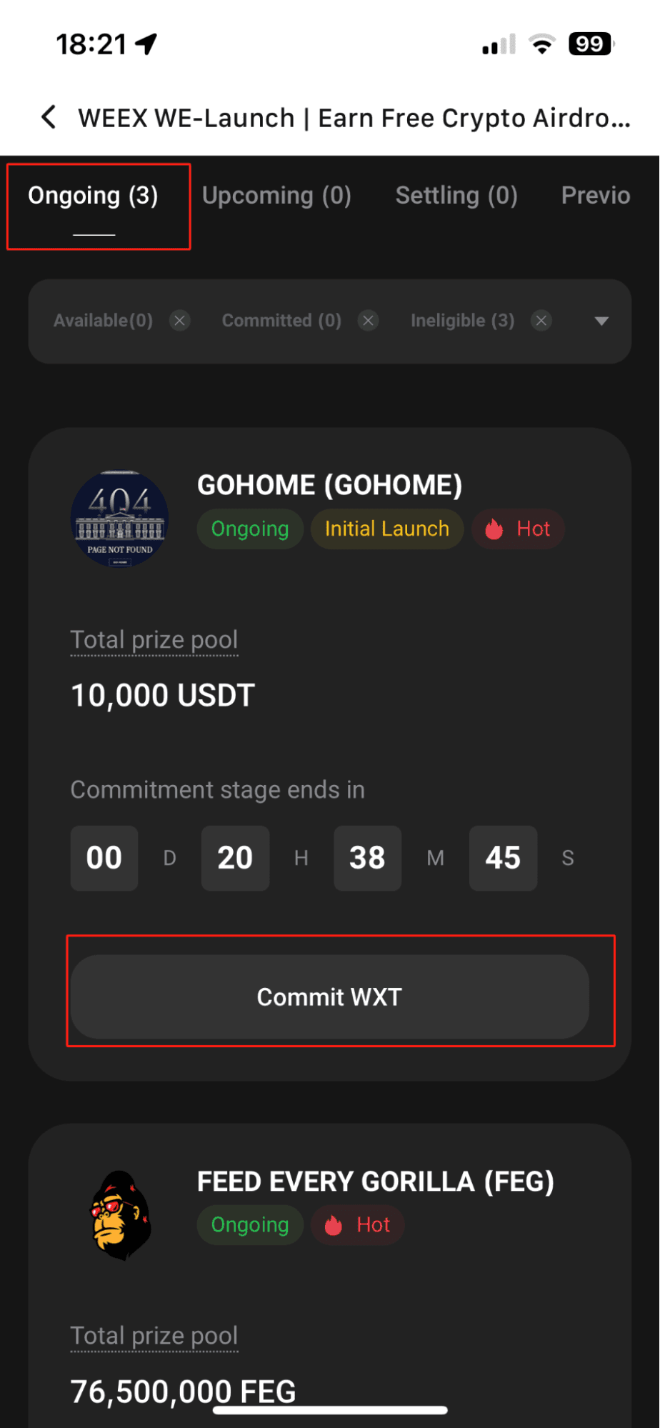 WEEX WE-Launch: Внести WXT в приложении