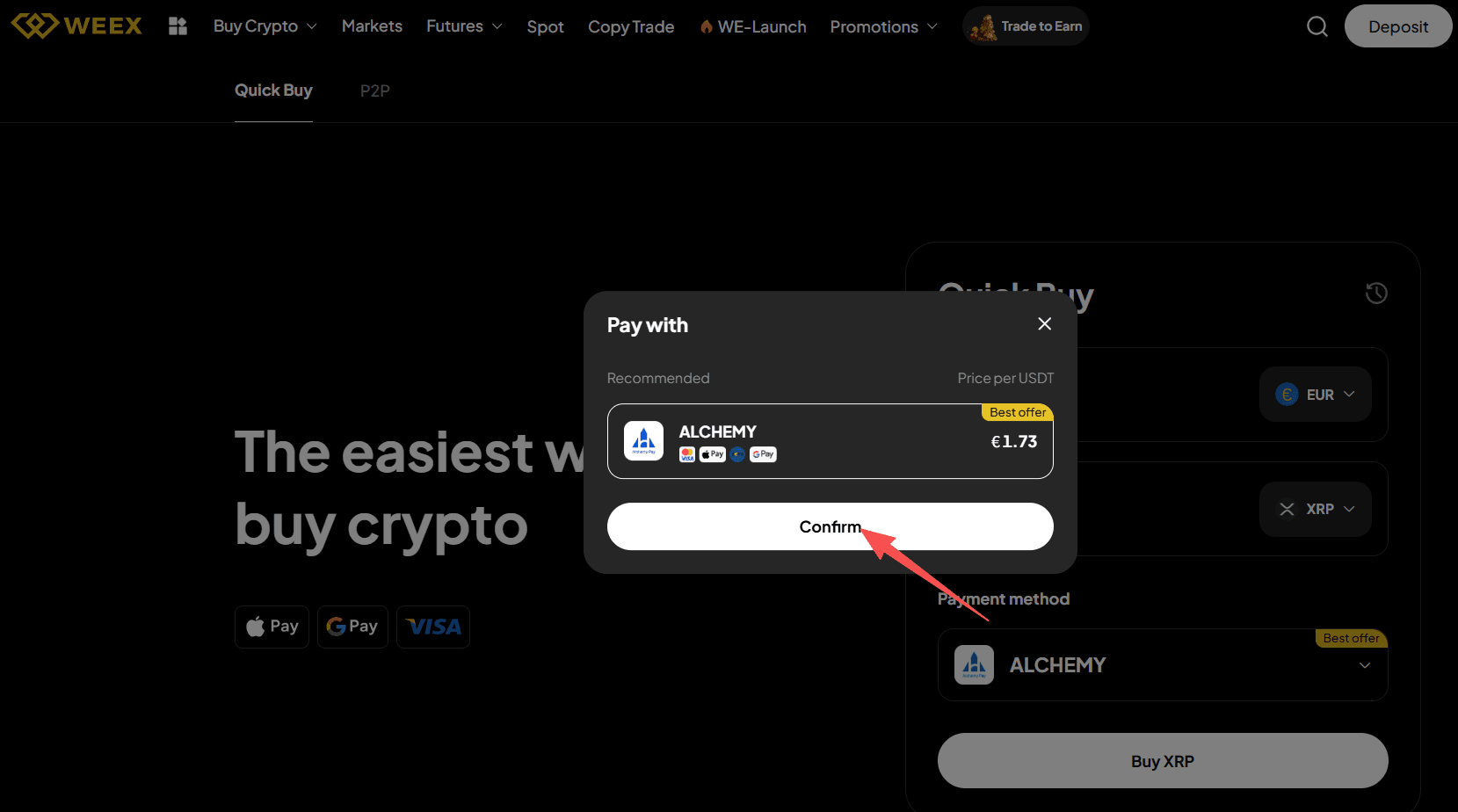 مرحله ۲: نحوه خرید XRP با یورو در نسخه وب WEEX