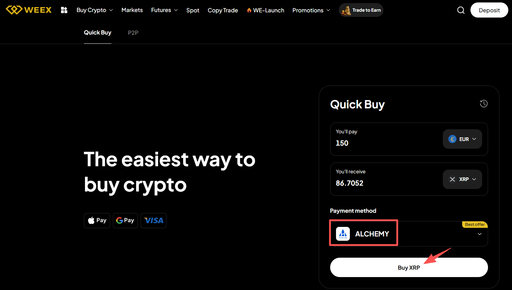 مرحله ۳: نحوه خرید XRP با یورو در نسخه وب WEEX