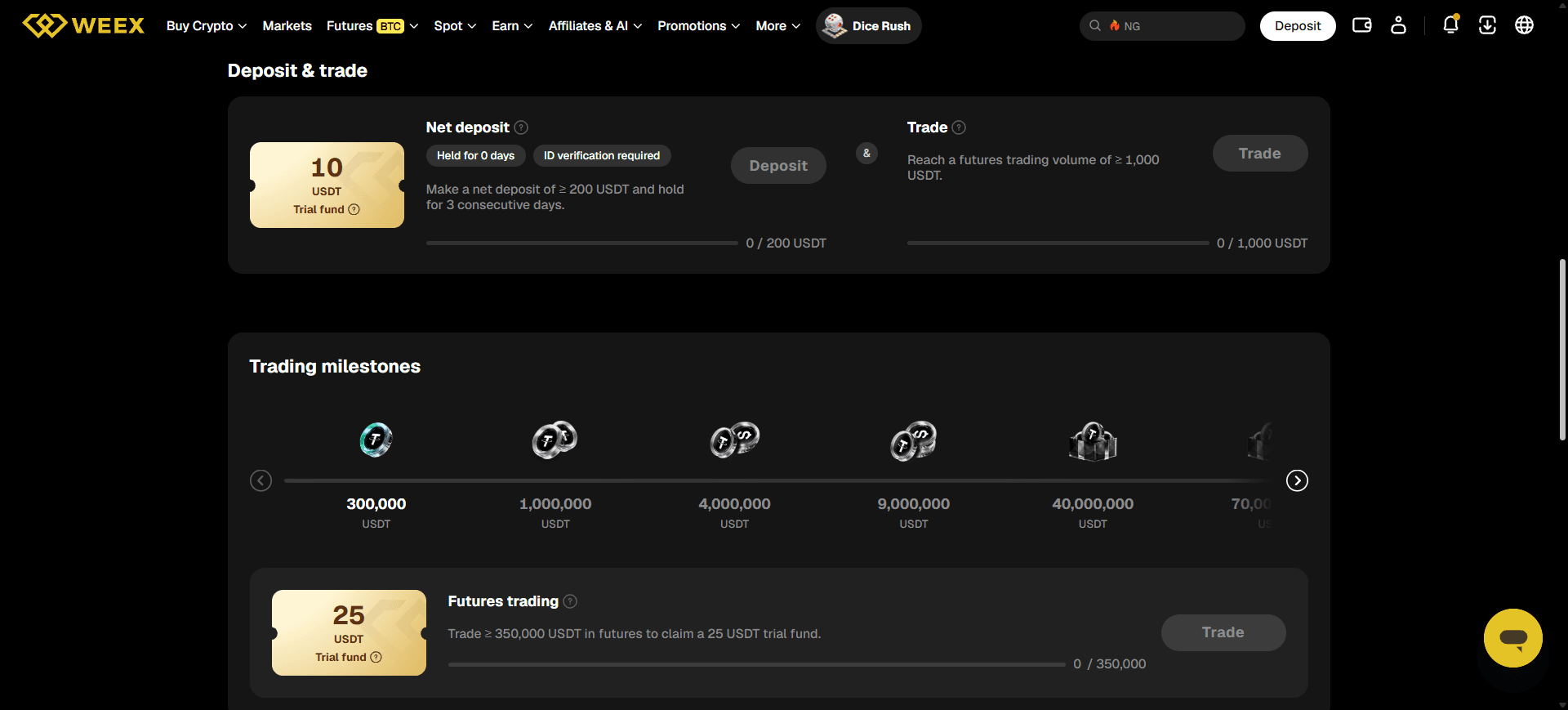 WEEX Welcome Rewards task cards showing sign-up and conditional rewards